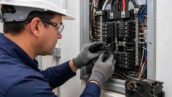 Close view of circuit breakers inside an electrical panel